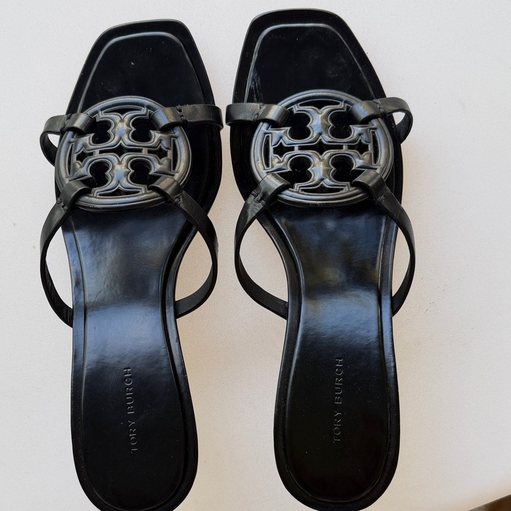 Tory Burch Black Logo Round-Emblem Leather Slide Mules